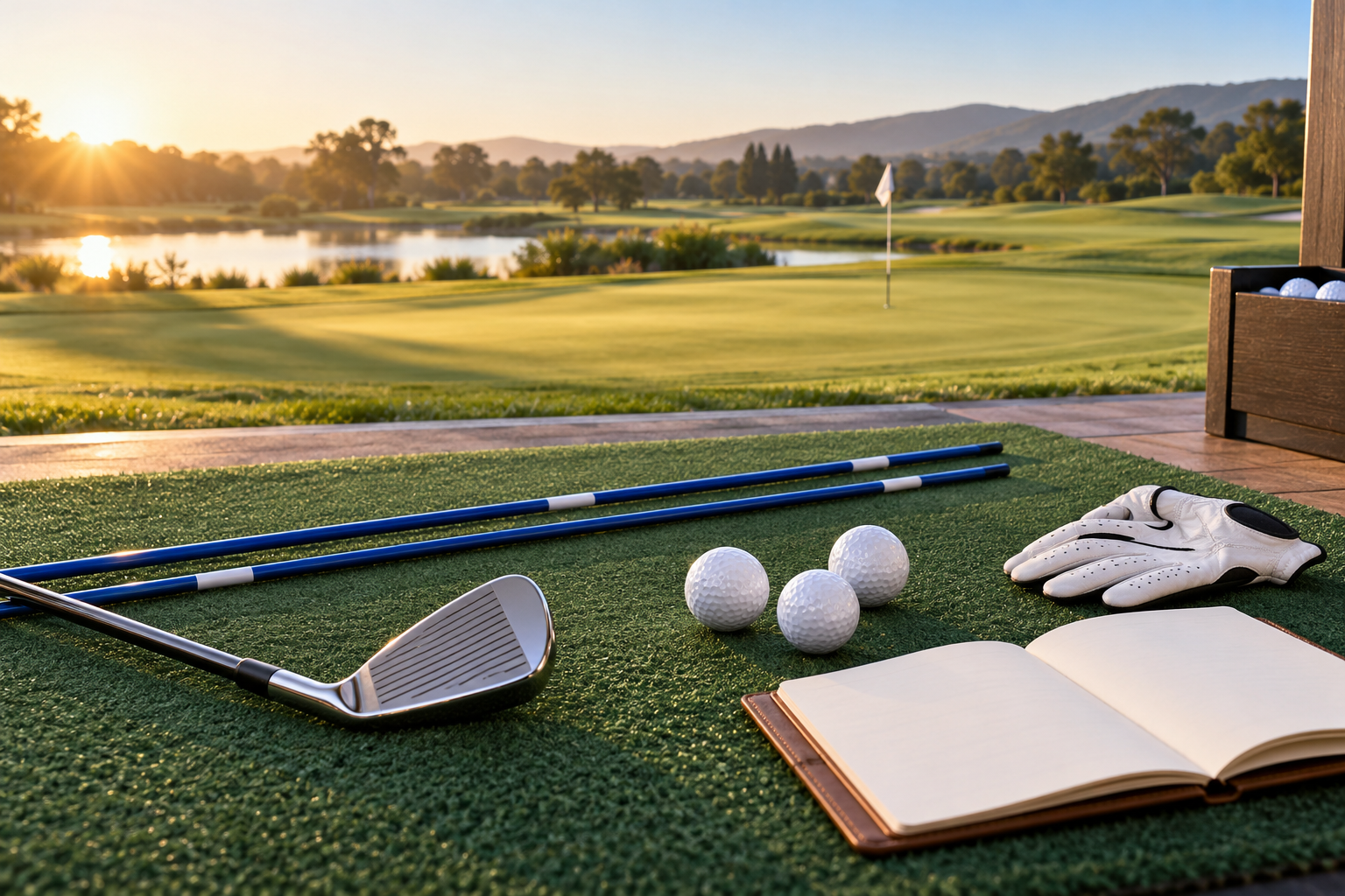 Original editorial illustration of golf instruction and alignment practice
